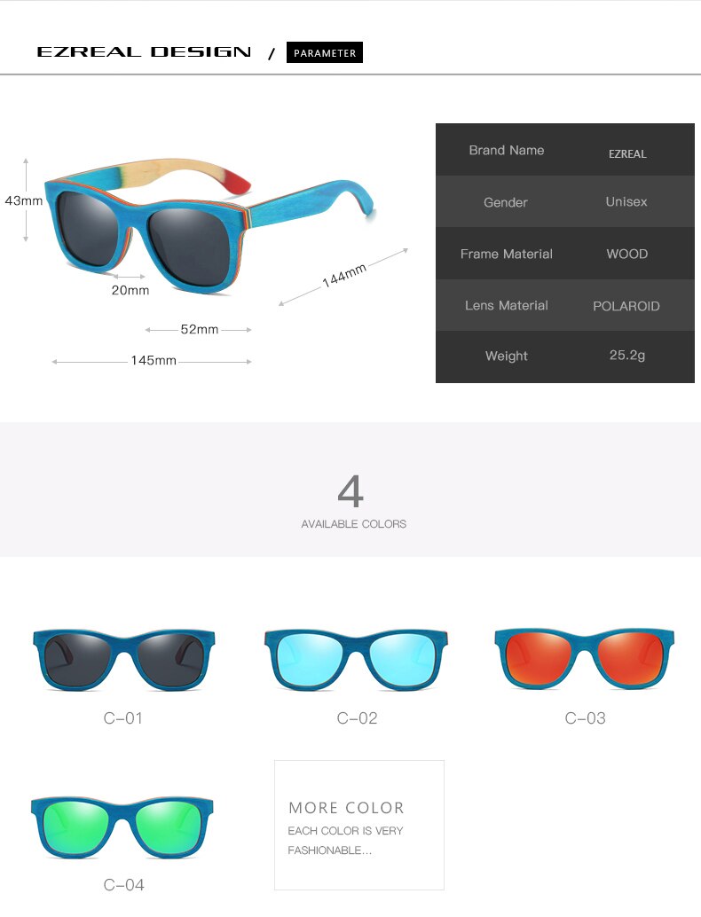 EZREAL Skateboard Wooden Sunglasses Blue Frame With Coating Mirrored Bamboo Sunglasses UV 400 Protection Lenses in Wooden Box