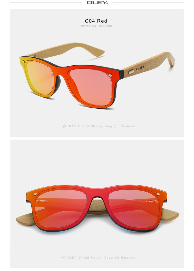 OLEY Brand Bamboo Leg Color Film Sunglasses Men Classic Square Overall Flat Lens Fashion Retro Women sun glasses Z0470