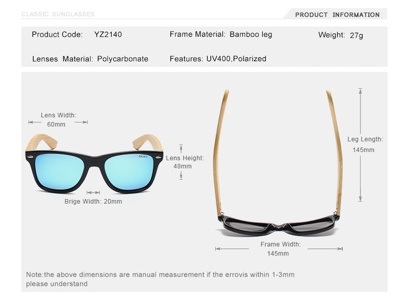 OLEY Brand Bamboo Leg Polarized Sunglasses men Classic Square goggle Fashion Retro Female sun glasses Customizable logo YZ2140