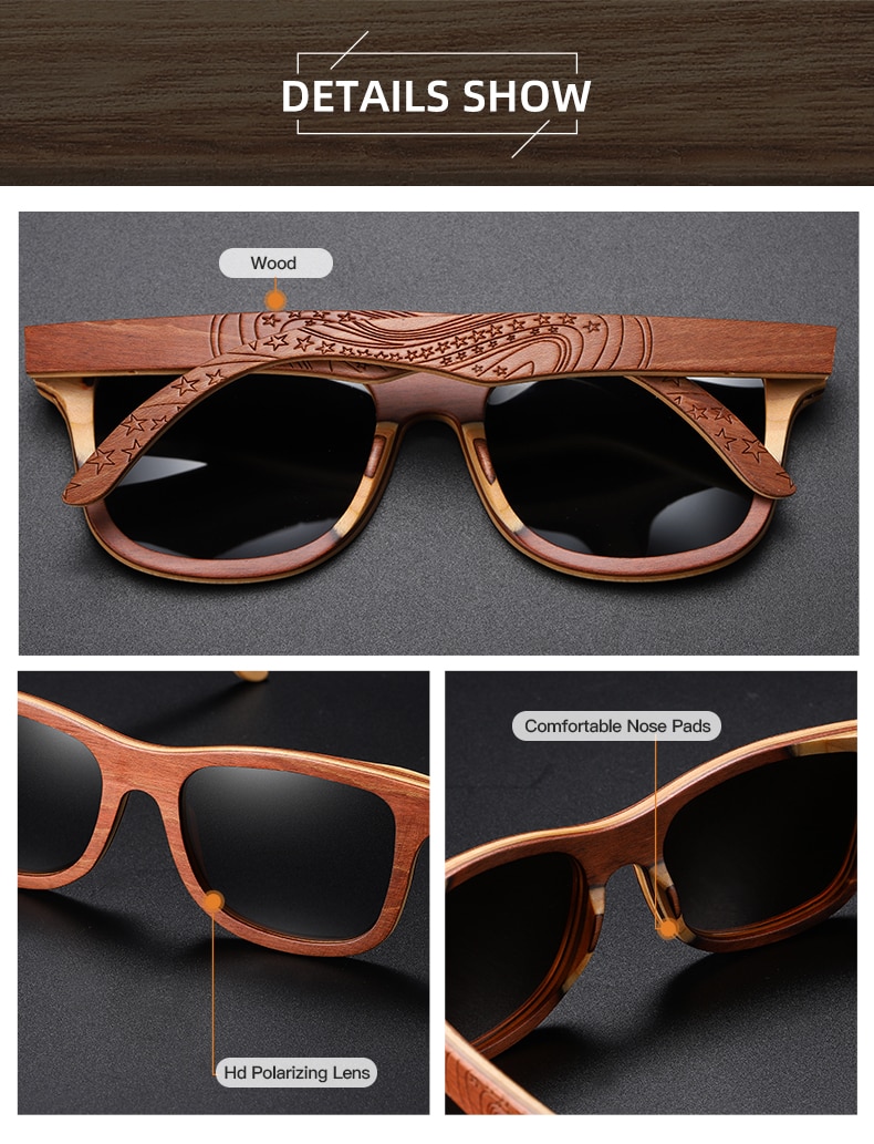 EZREAL Retro Brown Skateboard Wood Sunglasses Men Bamboo Sunglass Women Brand Mirror UV400 Square Sun Glasses Shades Glasses