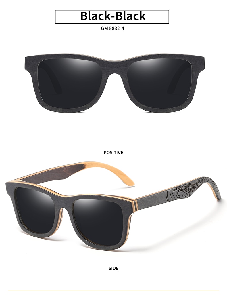 EZREAL Luxury Skateboard Wood Sunglasses Vintage Black Frame Wooden Sunglasses Women Polarized Men's Bamboo Wood Sunglasses