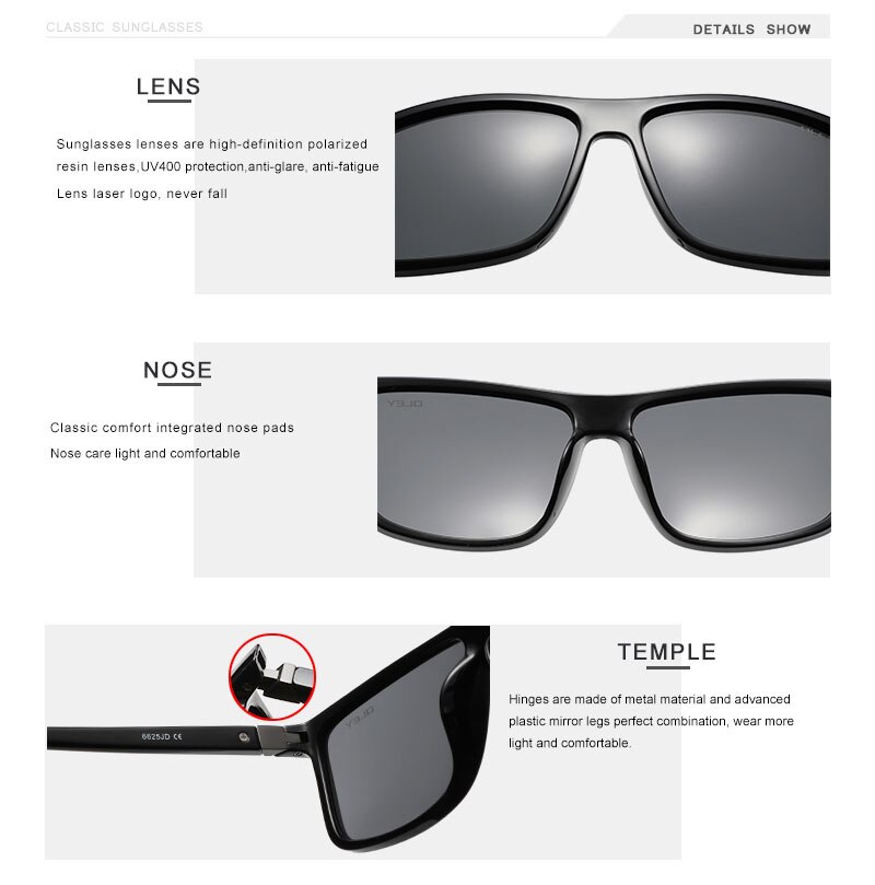 OLEY Men Polarized Sunglasses Brand Vintage Square Driving Movement Sun Glasses Driver Safety Protect UV400 Eyeglasses Y6625